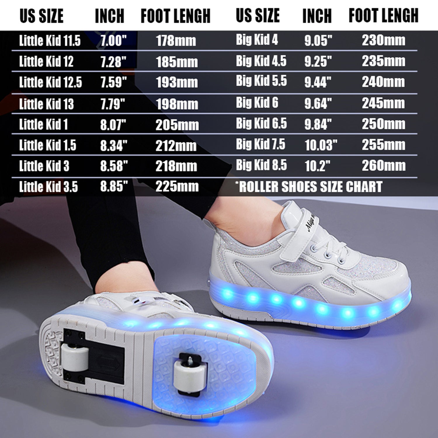 White Glitter LED Roller Shoes Rechargeable Shoes