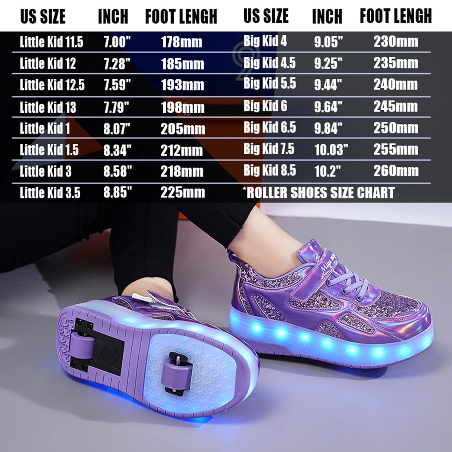 Purple Glitter LED Roller Shoes Rechargeable Shoes