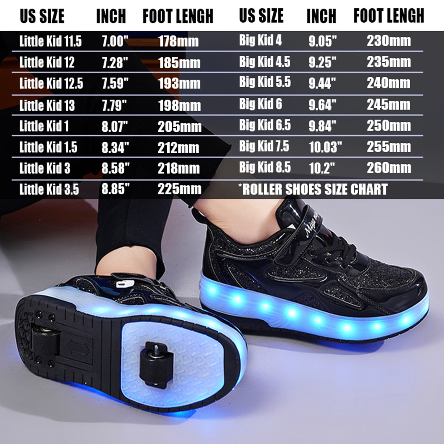 Black Glitter LED Roller Shoes Rechargeable Shoes