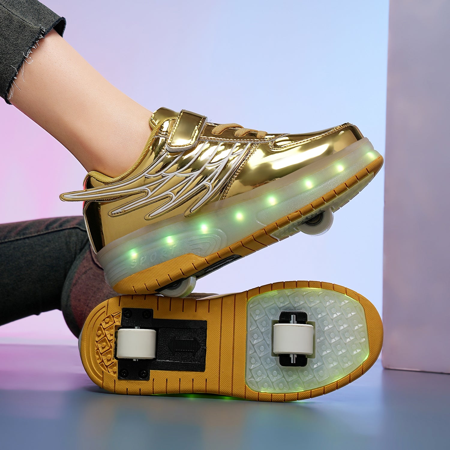 Gold LED Roller shoes Light up Rechargeable Shoes