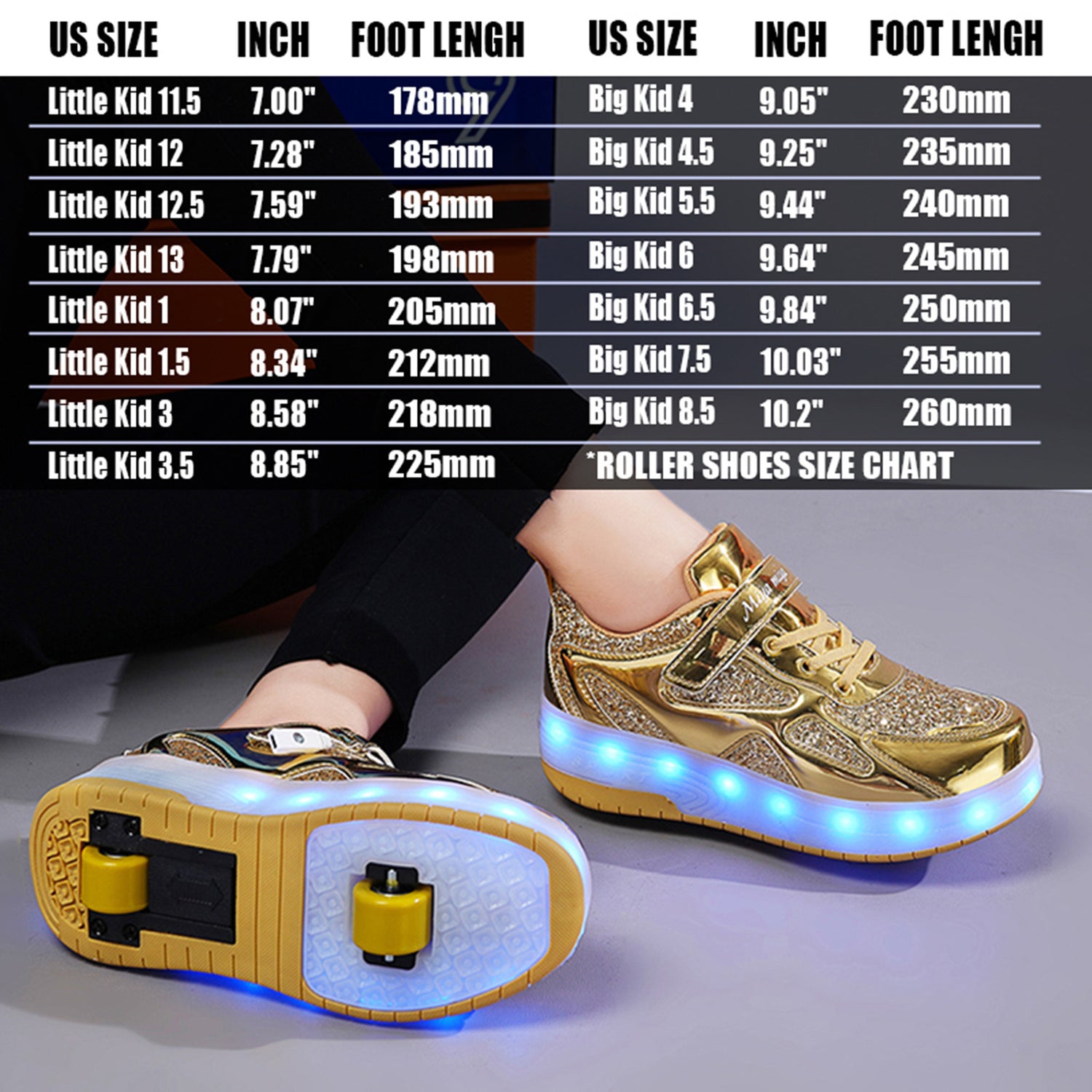 Gold Glitter LED Roller Shoes Rechargeable Shoes