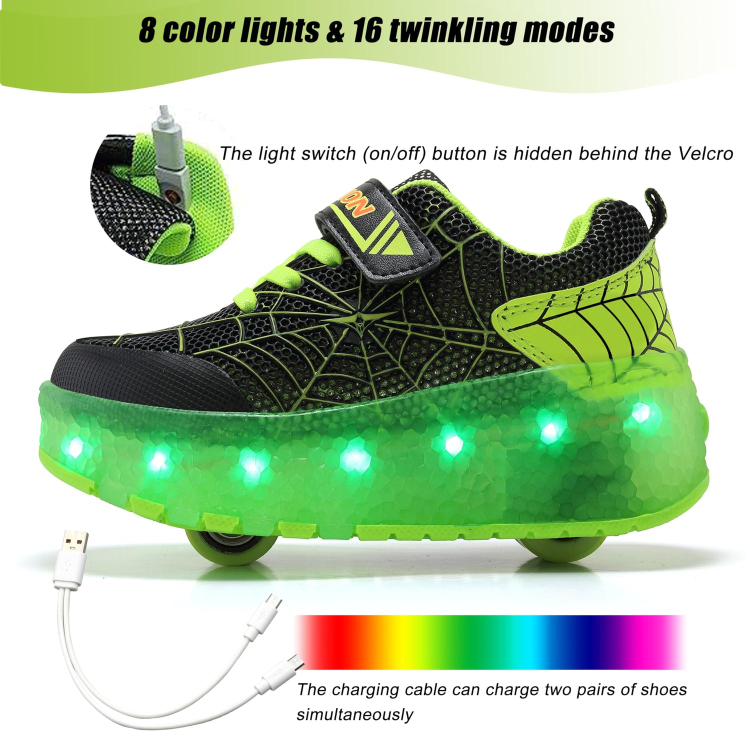 Green  PU LED Roller Shoes Rechargeable Shoes