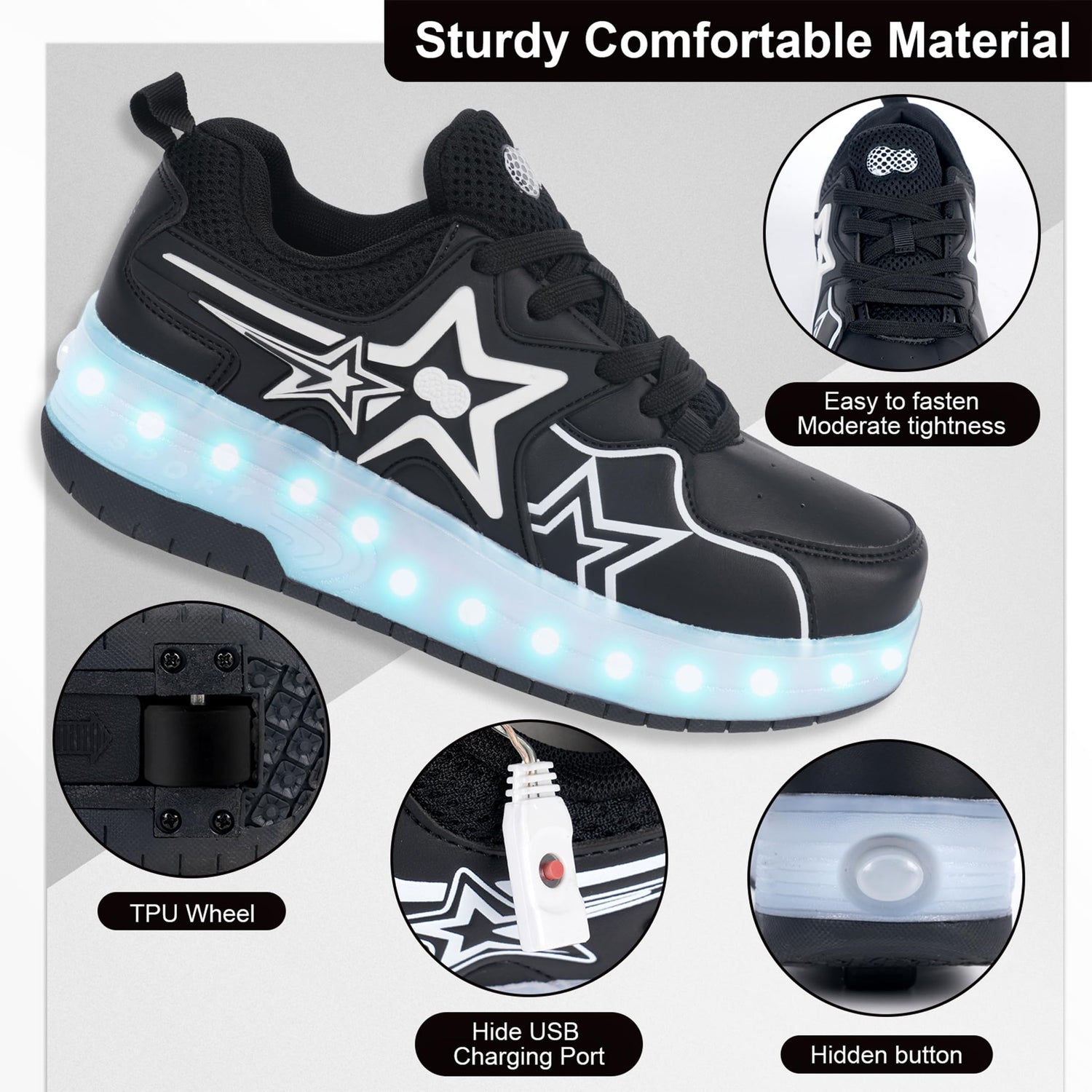 Black LED Roller shoes Light up Rechargeable Shoes