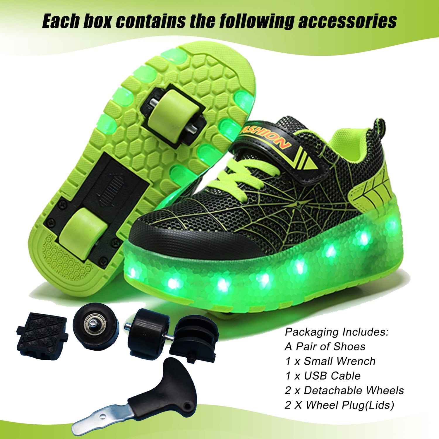 Green  PU LED Roller Shoes Rechargeable Shoes