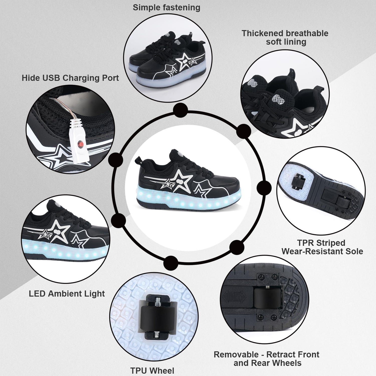 Black LED Roller shoes Light up Rechargeable Shoes