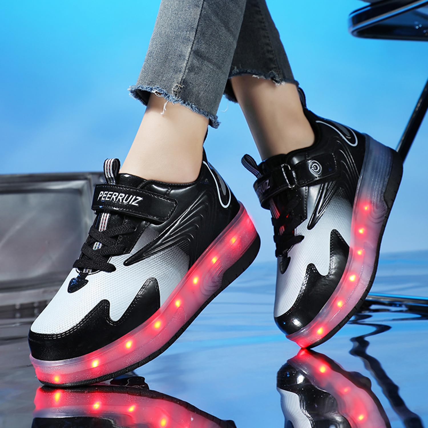 Black PU LED Roller Shoes Rechargeable Shoes