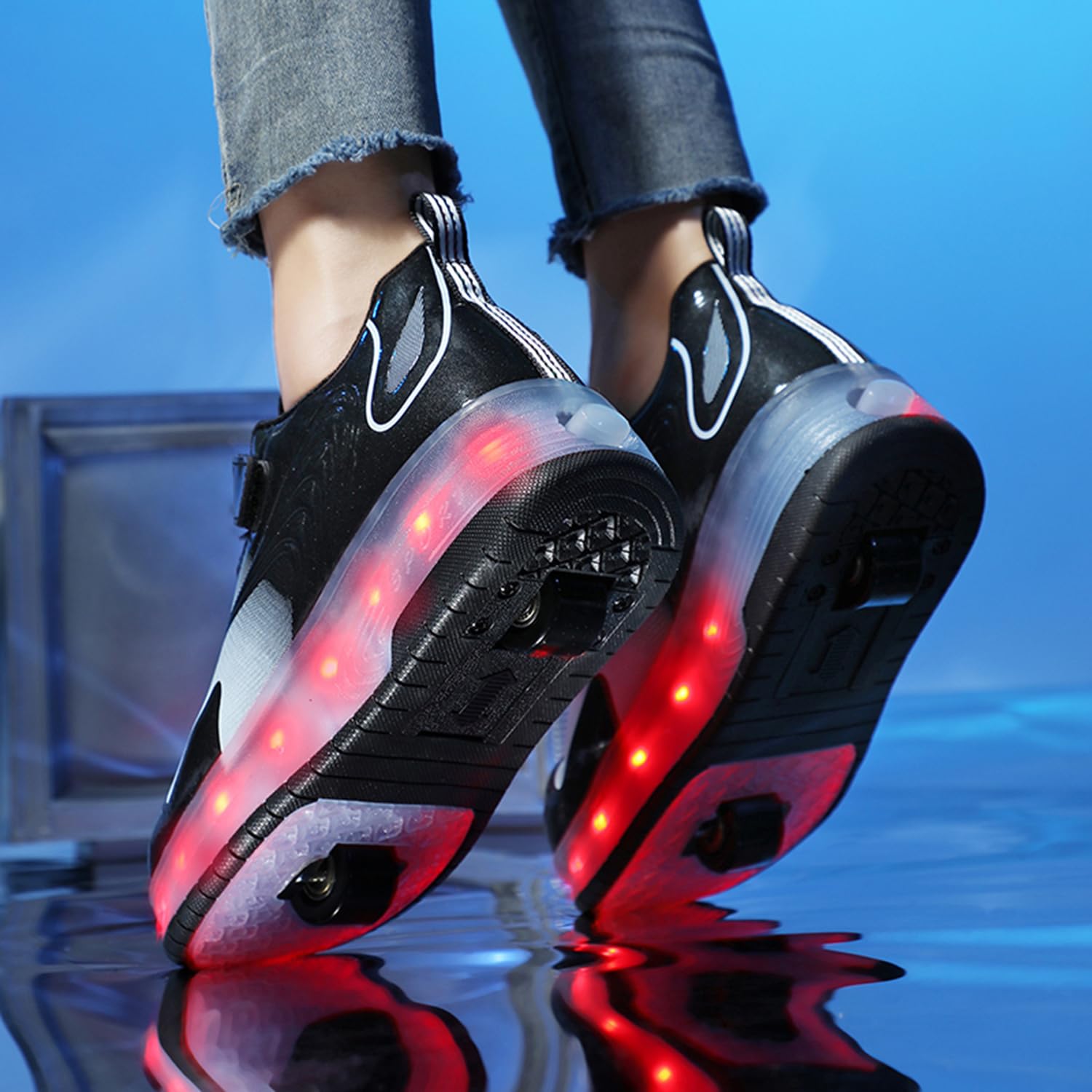 Black PU LED Roller Shoes Rechargeable Shoes