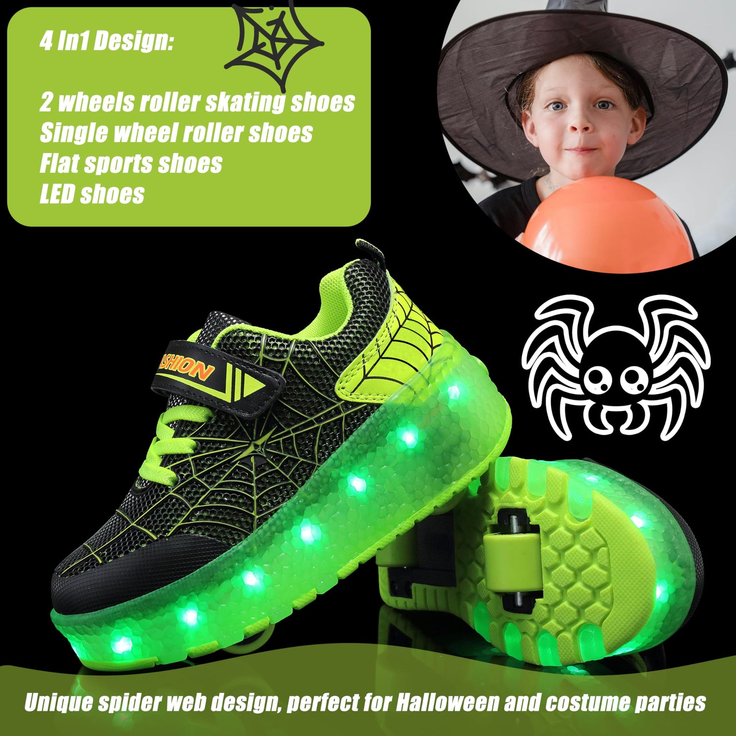 Green  PU LED Roller Shoes Rechargeable Shoes