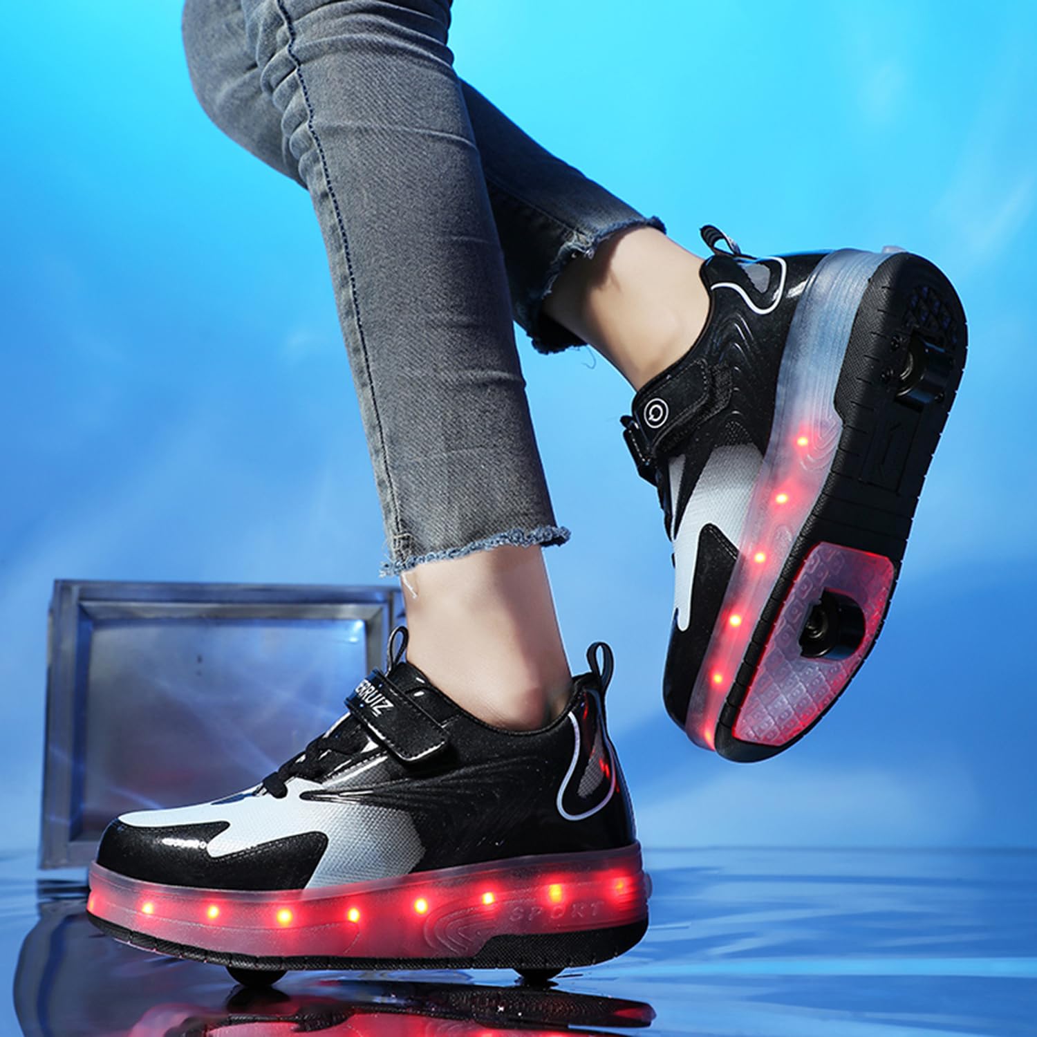 Black PU LED Roller Shoes Rechargeable Shoes